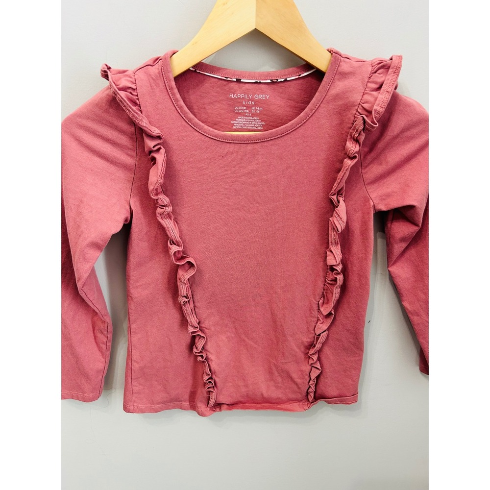 Happily Grey Kids Pink Ruffle Front Long Sleeve Tee Boho Chic Girls Size 7/8